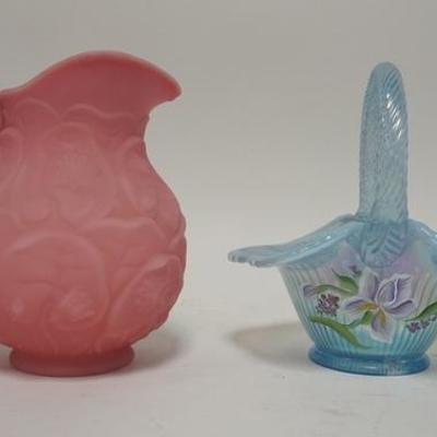 1221  TWO PIECES OF FENTON ART GLASS, A PINK SATIN PITCHER & A HAND PAINTED OPALESCENT CARNIVAL BASKET, TALLEST IS 7 1/2 IN
