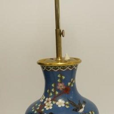 1077  CLOISONNE TABLE LAMP WITH BIRDS IN A FLOWERING TREE ON A BLUE BACKGROUND. HEIGHT ADJUSTABLE. HEIGHT OF BASE IS 17 IN
