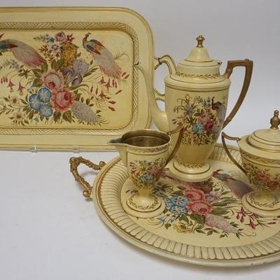 1230  5 PIECE HAND PAINTED METAL TEA SET. 2 TRAYS, TEA POT CREAMER AND COVERED SUGAR WITH EXOTIC BIRDS AND FLOWERS. LARGEST TRAY IS 22 IN...