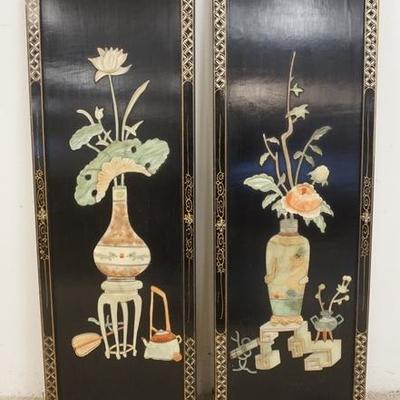 1079  2 ASIAN PANELS WITH RELIEF DECORATION. 12 IN X 35 IN
