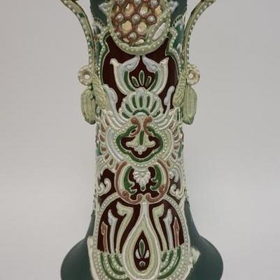 1010  SATSUMA VASE WITH RAISED ENAMEL. HAS A SMALL NICK ON INSIDE OF TOP RIM. 15 1/2 IN H
