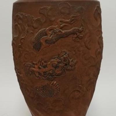 1219  LARGE ASIAN TERRA COTTA VASE W/ RELIEF DRAGON, CHARACTER SIGNED, 18 1/2 IN H 
