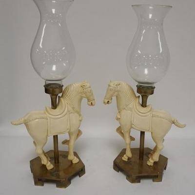 10360  PAIR OF CONTEMPORARY FIGURAL CANDLE LAMPS, HORSES, WITH BRASS BASES AND HURRICANE SHADES. 18 IN H
