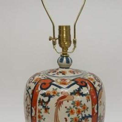 1212  ASIAN PORCELAIN LAMP DECORATED W/ BIRDS & FLOWERS, HAS A MATCHING FINIAL, 28 IN H 
