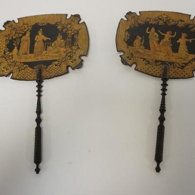 1085  PAIR OF ORNATE CARDBOARD FANS WITH TURNED WOODEN HANDLES DEPICTING DANCERS AND MUSICIANS 15 1/2 IN X 9 IN
