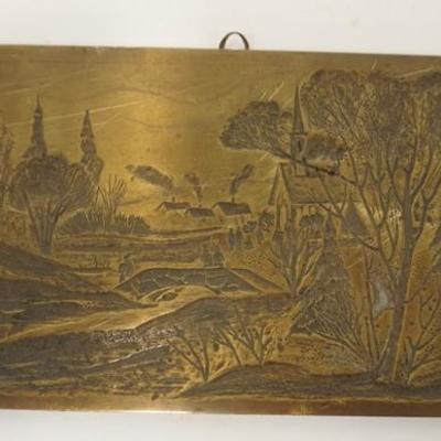 1052  ENGRAVED SCENIC BRONZE PLAQUE. DIE STAMPED 221-8 ON THE REVERSE. 8 1/2 IN X 4 1/2 IN

