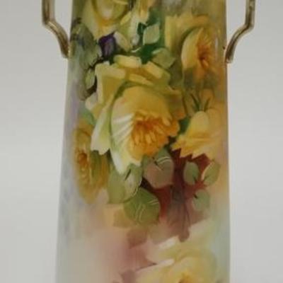 1089  HAND PAINTED NIPPON VASE W/ YELLOW ROSES, GREEN WREATH MARK,   12 3/4 IN H 
