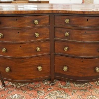 1038  ANTIQUE MAHOGANY DOUBLE BOW FRONT 8 DRAWER CHEST WITH BRASS PULLS. 
