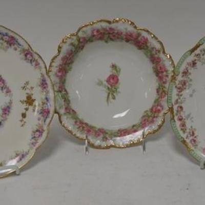 1268  THREE PIECES OF FLORAL DECORATED LIMOGES, TWO PLATES & A BOWL, LARGEST IS 9 3/8 IN 
