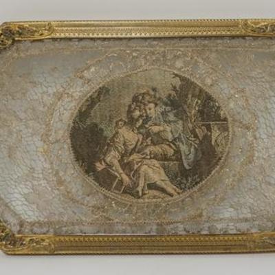 1092  BRASS MOUNTED DRESSER TRAY W/ BRASS INSERT, FRAME HAS ENAMELED CORNERS, THE LACE INSERT HAS A TAPESTRY CENTER GOLD THREADING, 12 IN...