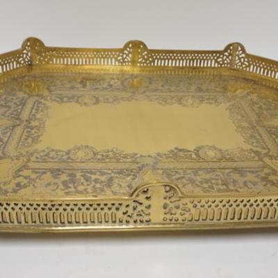 1057  LARGE GILT SILVER PLATED TRAY WITH RETICULATED GALLERY. 24 IN X 18 IN, 4 IN H
