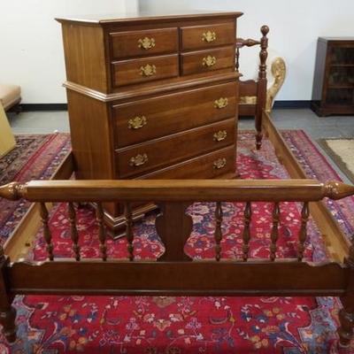 1281  KLING TWO PIECE CHERRY BEDROOM, A FULL SIZE SPINDLE BED & SEVEN DRAWER HIGH CHEST
