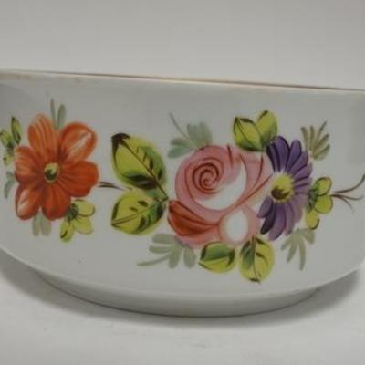 1292  HAND PAINTED PORCELAIN BOWL WITH FLORAL EXTERIOR AND SCENIC INTERIOR7 IN DIAMETER, 3 1/2 IN H
