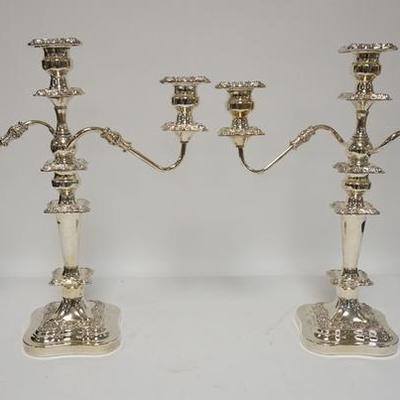 1055  PAIR OF 3 LIGHT SILVER PLATED CANDELABRA. 18 IN HIGH, 16 1/2 IN WIDE
