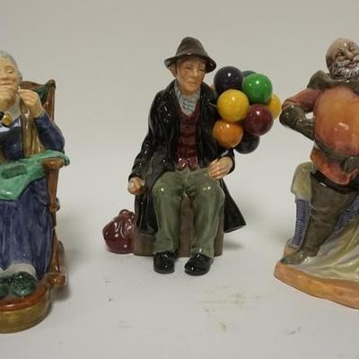 1016  GROUP OF 3 ROYAL DOULTON FIGURES. THE BALLOON MAN, FALSTAFF, AND A STITCH IN TIME. TALLEST 7 1/4 IN
