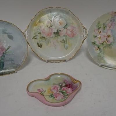 1269  FOUR PIECES OF HAND PAINTED CHINA, THREE PLATES ARE LIMOGES, THE TRAY IS UNMARKED, LARGEST IS, 10 1/2 IN 

