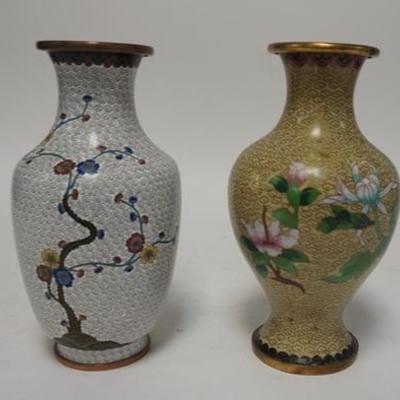 1276  TWO  FLORAL CLOISONNE VASES ONE ON WHITE & ONE ON YELLOW, TALLEST IS 8 1/2 IN H 
