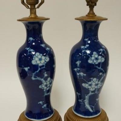1081  PAIR OF BLUE AND WHITE ASIAN LAMPS NEED TO NE REWIRED. 17 3/4 IN H

