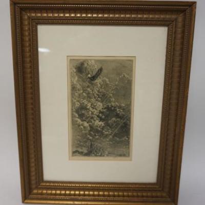 1283  WILL SIMMONS ETCHING OF A SOARING EAGLE. IMAGE IS 6 1/4 IN X 10 1/4 IN
