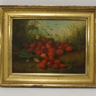 1208  OIL ON ACADEMY BOARD OF STRAWBERRIES IN A GOLD LEAF FRAME, IMAGE IS 12 IN X 9 IN 
