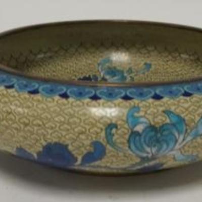 1222  CLOISONNE CONSOLE BOWL W/ BLUE FLOWERS, 10 1/4 IN D 3 1/4 IN H  

