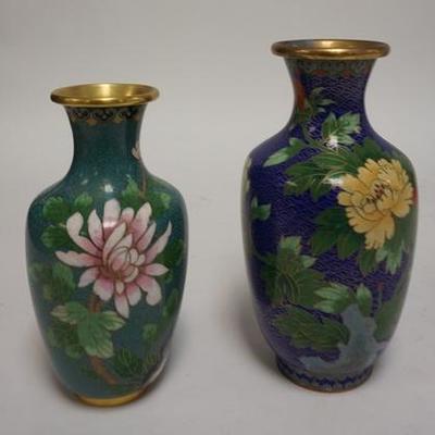 1277  TWO FLORAL CLOISONNE VASES, ONE ON TURQUOISE, ONE ON BLUE, TALLEST IS 8 IN 
