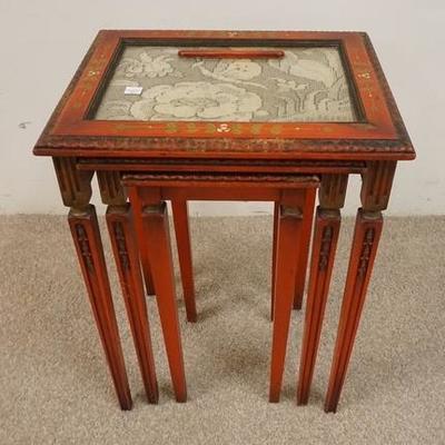 1237  NEST OF THREE CARVED PAINTED TABLES HAVE WOVEN TEXTILE INSERTS UNDER GLASS
