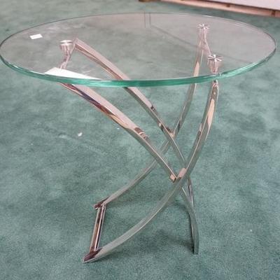 1160A  SMALL OVAL GLASS TOP TABLE W/UNUSUAL CHROME BASE


