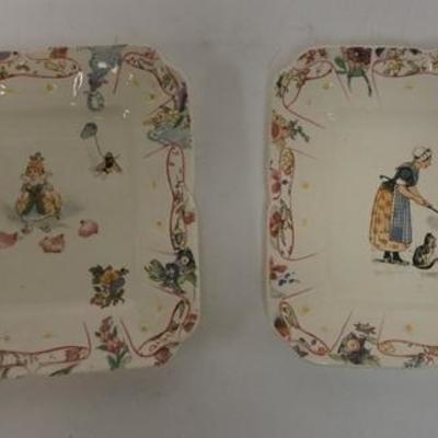 1274  TWO SARGUEMINES WALL PLATES ONE HAS A LITTLE GIRL & DANCING INSECTS, THE OTHER HAS A WOMAN COOKING WHILE HER CAT WATCHES, 5 5/8 IN...