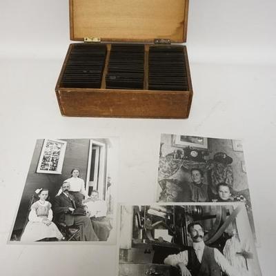 1066  65 GLASS NEGATIVES IN A SLOTTED WOODEN BOX. 3 HAVE BEEN DEVELOPED AS AN EXAMPLE. FAMILY, INDUSTRIAL, ETC
