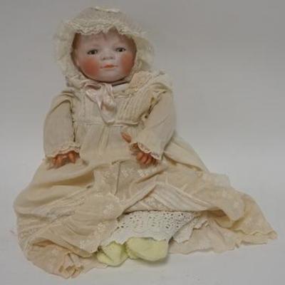 1260  GERMAN BISQUE HEAD BABY DOLL COMMISSIONED BY GRACE S PUTMAN, ONE FINGER NEEDS TO BE REATTACHED 17 IN 
