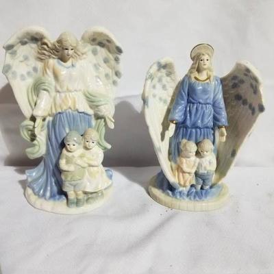 Lot of 2 Porcelain Angels Watching over a Pair of Kids