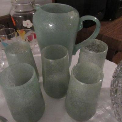 Hand blown glass pitcher and 5 glasses
