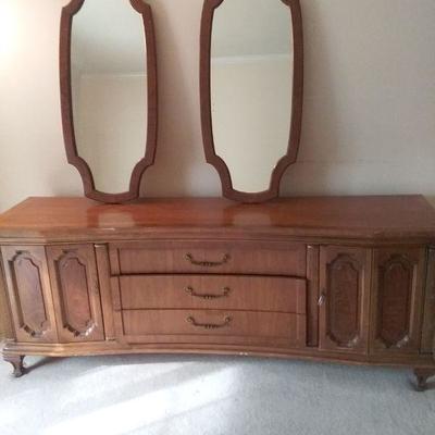 Mid-Century Wooden Double Dresser and Pair of Mirrors
