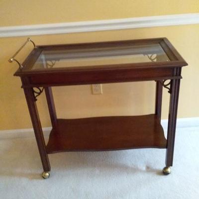 Classic Serving Cart with Glass Top and Wooden Shelf