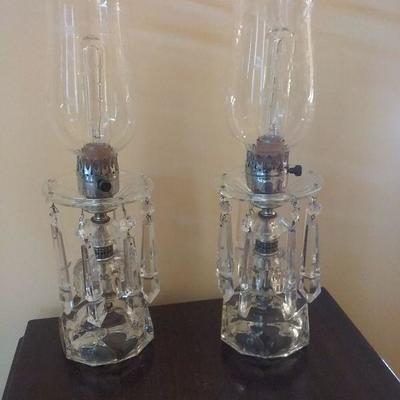 Pair of Crystal Princess Hurricane Etched Glass Table Lamps