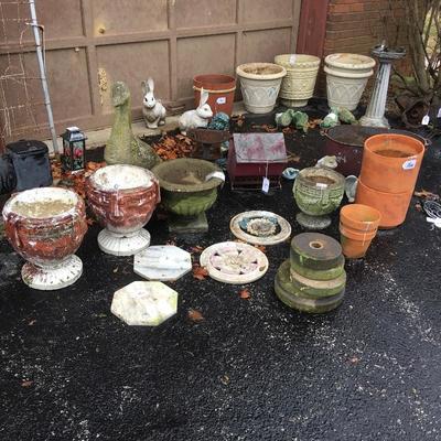 Garden and patio pots, wind chimes, iron dinner bell, sundial, iron tractor seats on stands & much more