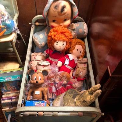 Vintage metal doll bed & vintage toys