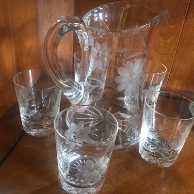 Etched Glass lemonade Pitcher and Glasses