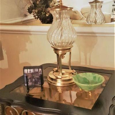 Glass and wood end table with very heavy Brass and Glass lamp with silk shade