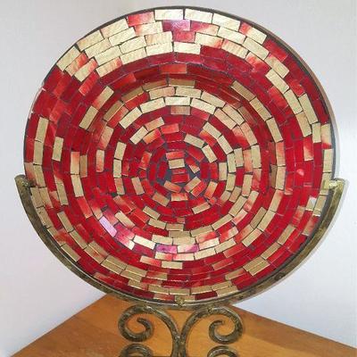 glass mosaic irridescent gold and red plate in stand