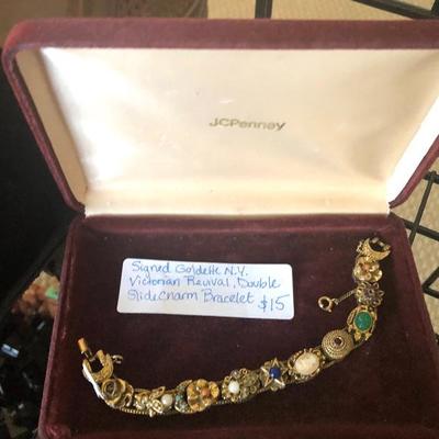 Signed Goldette NY Victorian Revival Double Slide Charm Bracelet