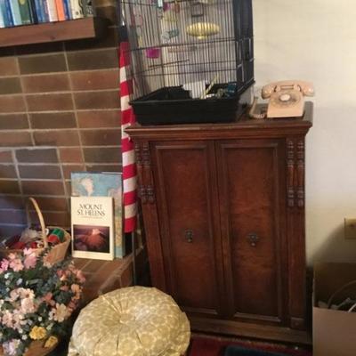 American Flag, Foot Stool, Antique Radio Cabinet (radio components removed), Bird Cage, Vintage Rotary Dial Phone,