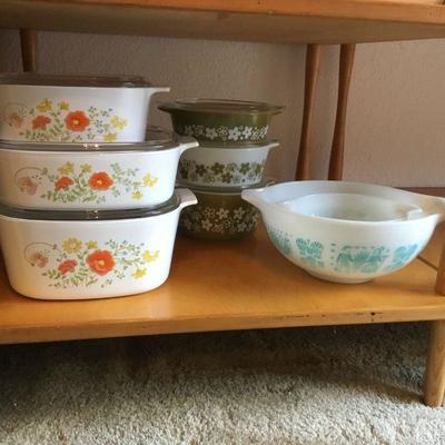 Vintage Pyroceram Corning Ware (Wildflower, Daisy/Spring Blossom Green Flower Bowls, Blueprint Amish Cinderella Style Mixing Bowls).