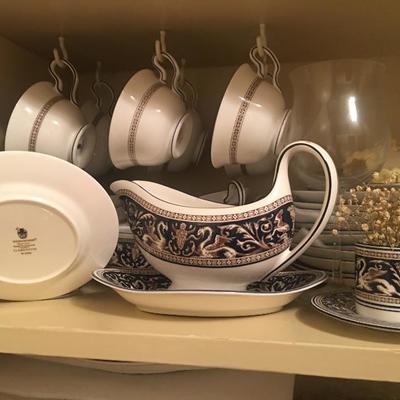 Wedgwood "Florentine" cobalt w/Dragons dishes. Cups and saucers, plates, bowls, creamer, serving platters, etc. 