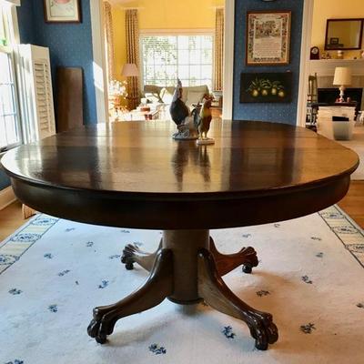 Antique oak claw footed pedestal dining table 44 x 84 [3 extra leaves 10