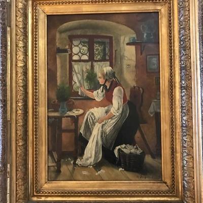 Woman in Window oil painting signed L. Soigneut $185