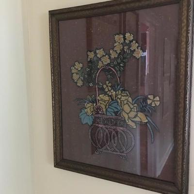 Antique embroidery flowers in basket $42