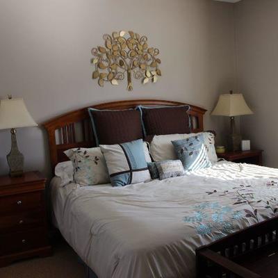 Stanley King bedroom set with mattress and boxspring, bedding 2 nightstands dresser mirror and metal wall art. $1,500 