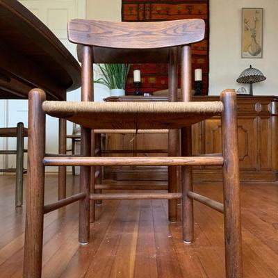 Teak Dining Table with Three Extensions, Rush Seat Teak Chairs 